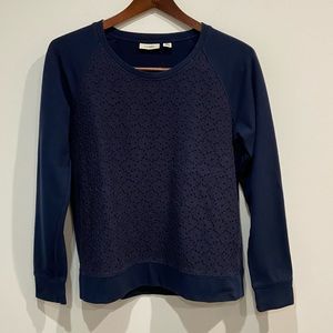 LL Bean Navy Blue Sweatshirt Blue Floral Lace Front Size XS